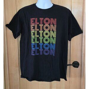 Elton John Rainbow Text Graphic T-Shirt Black XL casual colorful Cotton